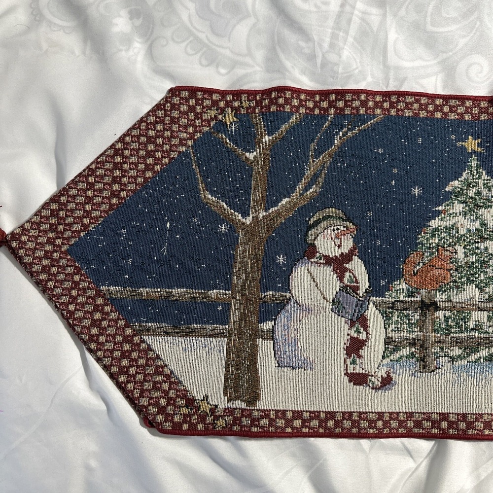 Tapestry 13" x 72" Snowman Cat Sheep Cardinal Tasseled Table Runner Made USA - Picture 3 of 9